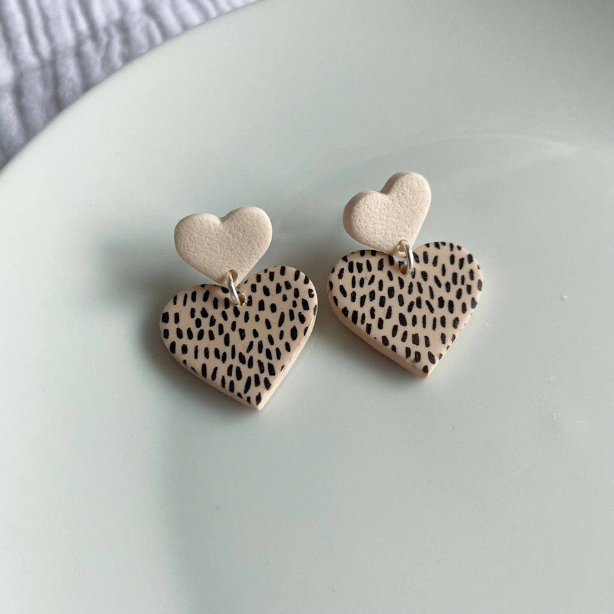 Dalmatian Print Double Heart Studs