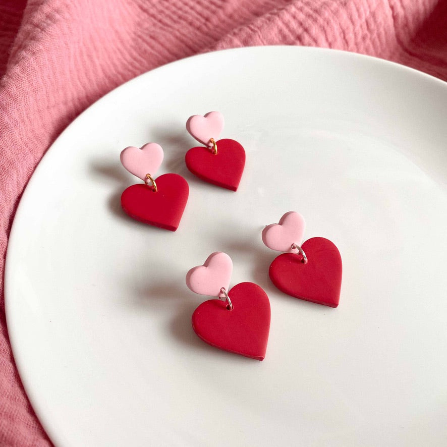 Pink and Red Double Heart Studs