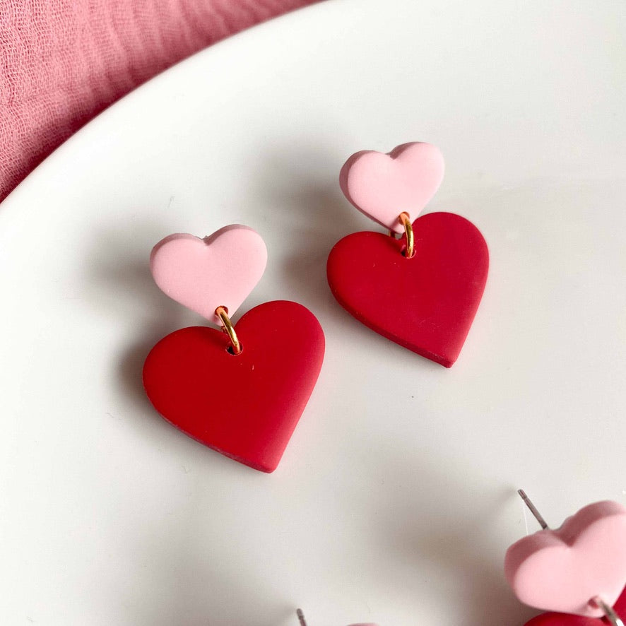 Pink and Red Double Heart Studs