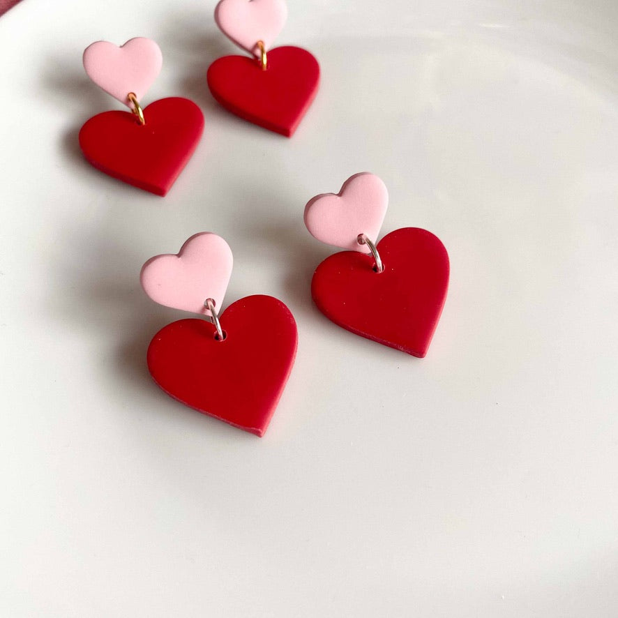 Pink and Red Double Heart Studs