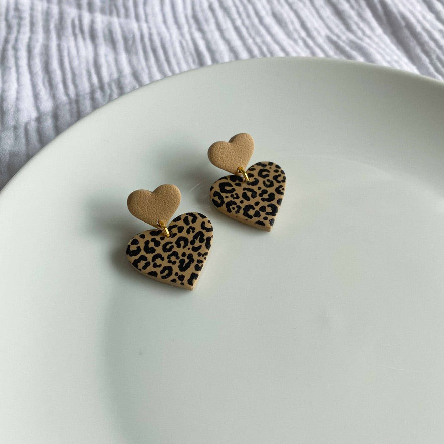 Leopard Print Double Heart Studs