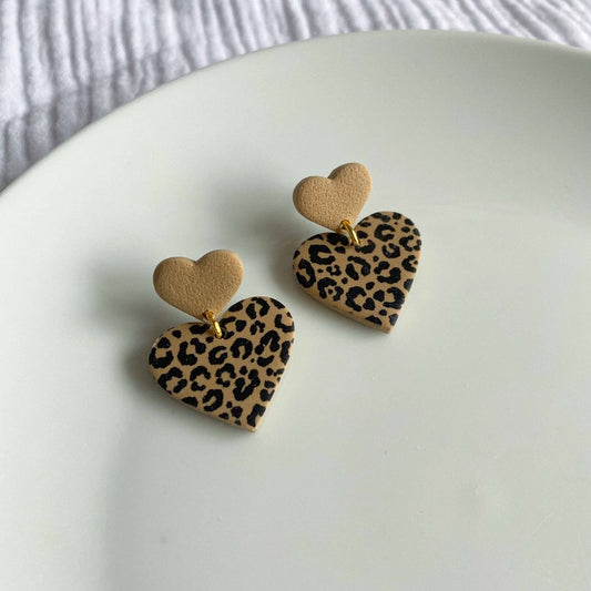 Leopard Print Double Heart Studs