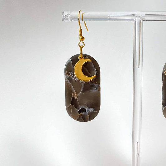 Smoky Quartz Earrings with Gold Moons