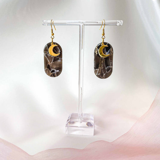 Smoky Quartz Earrings with Gold Moons