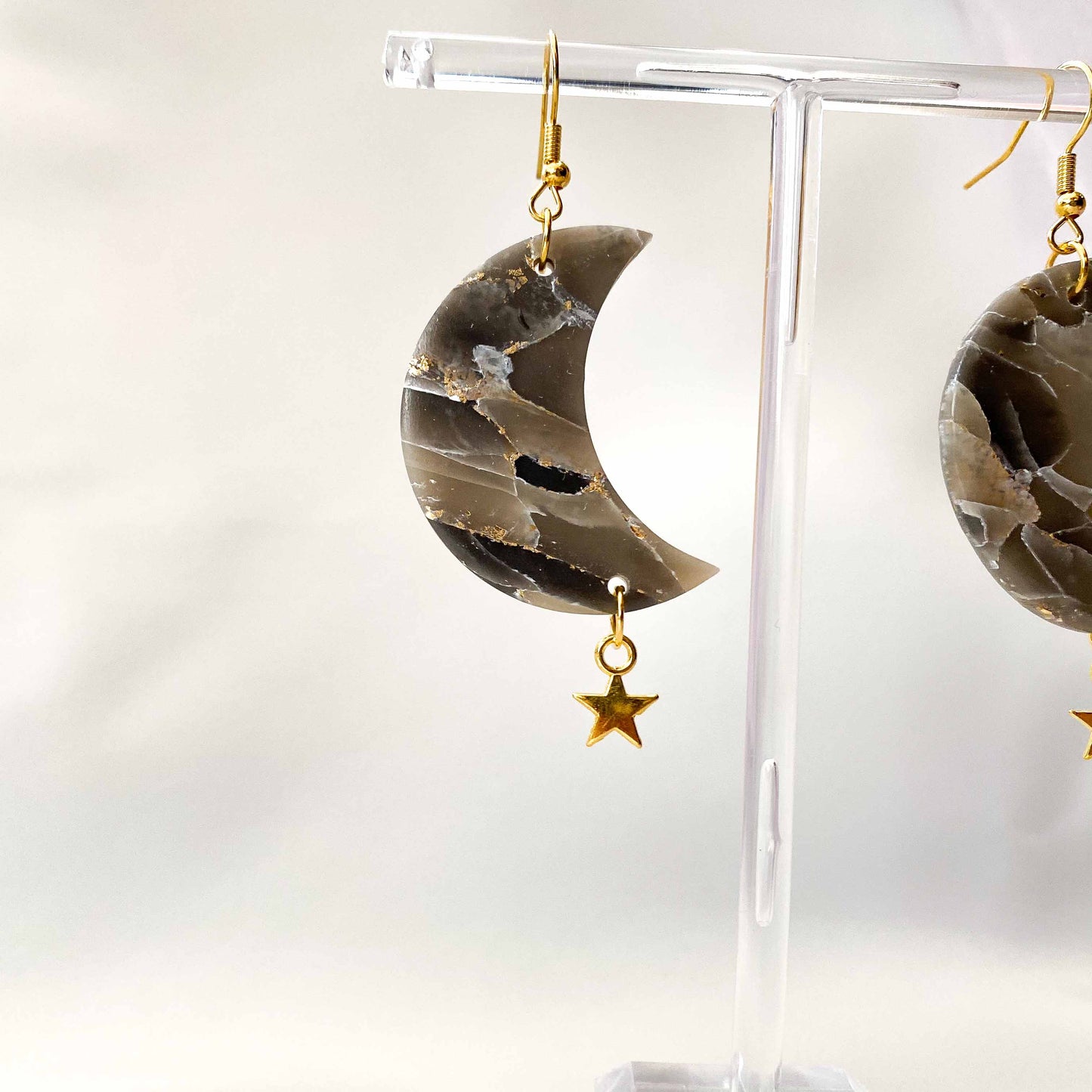 Smoky Quartz Extra Large Moons with Gold Stars