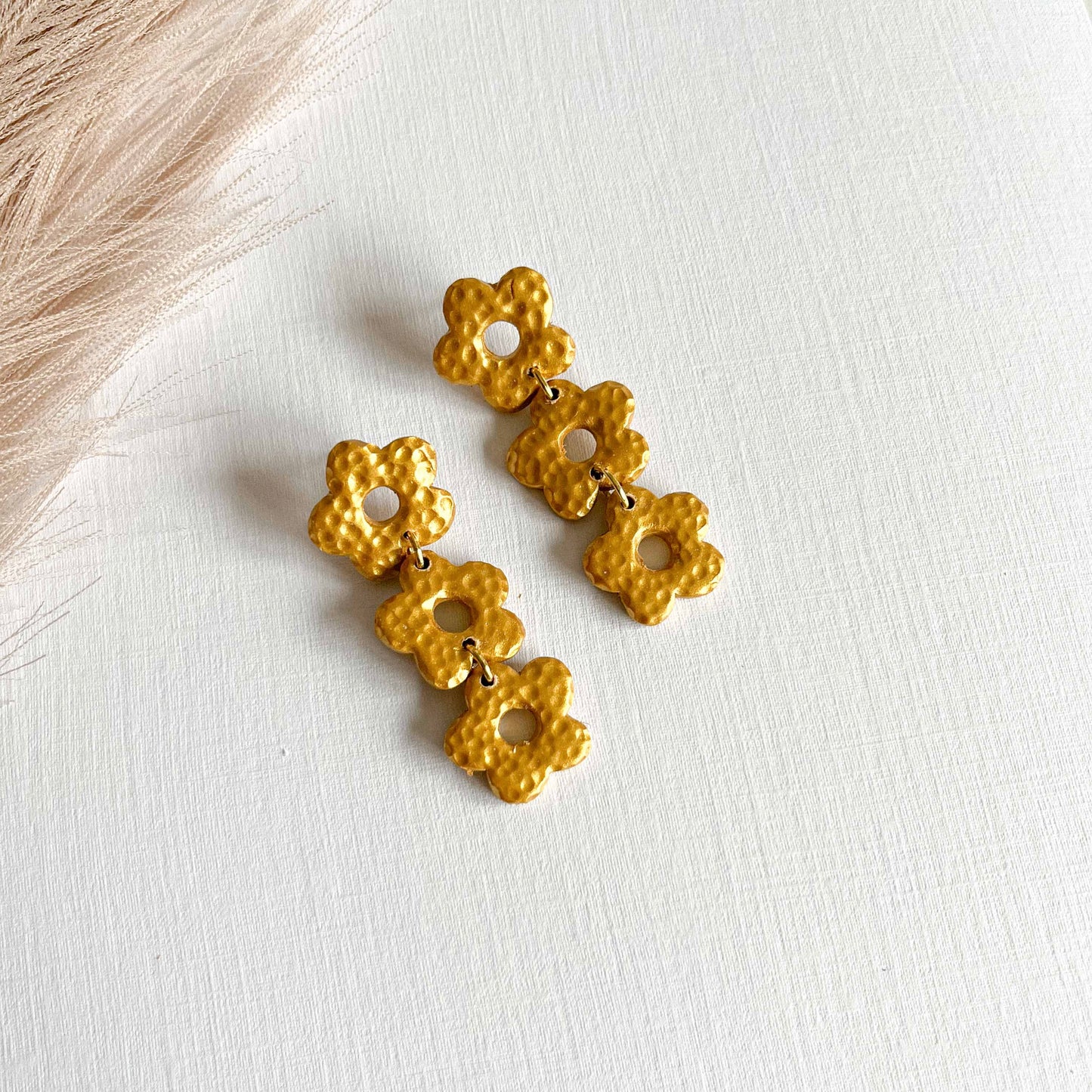 Hammered Gold Triple Flower Studs