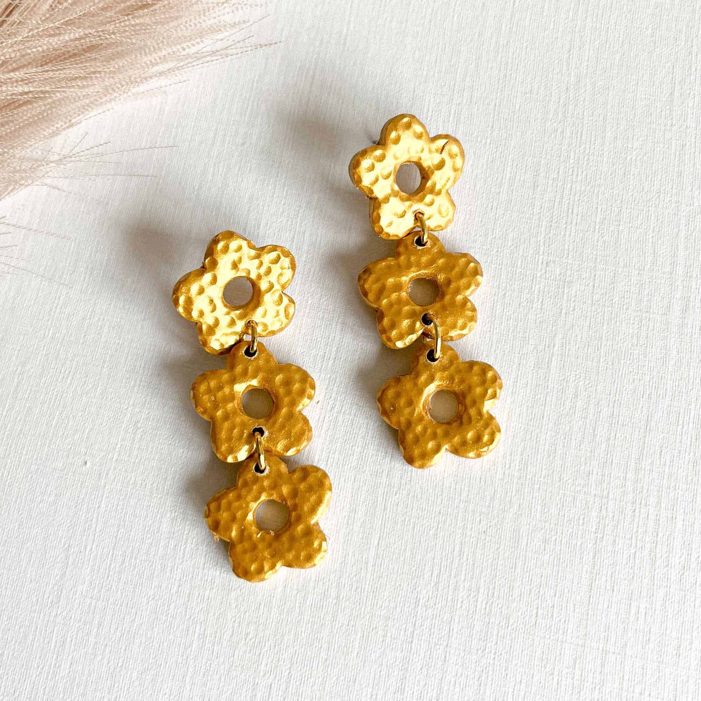 Hammered Gold Triple Flower Studs